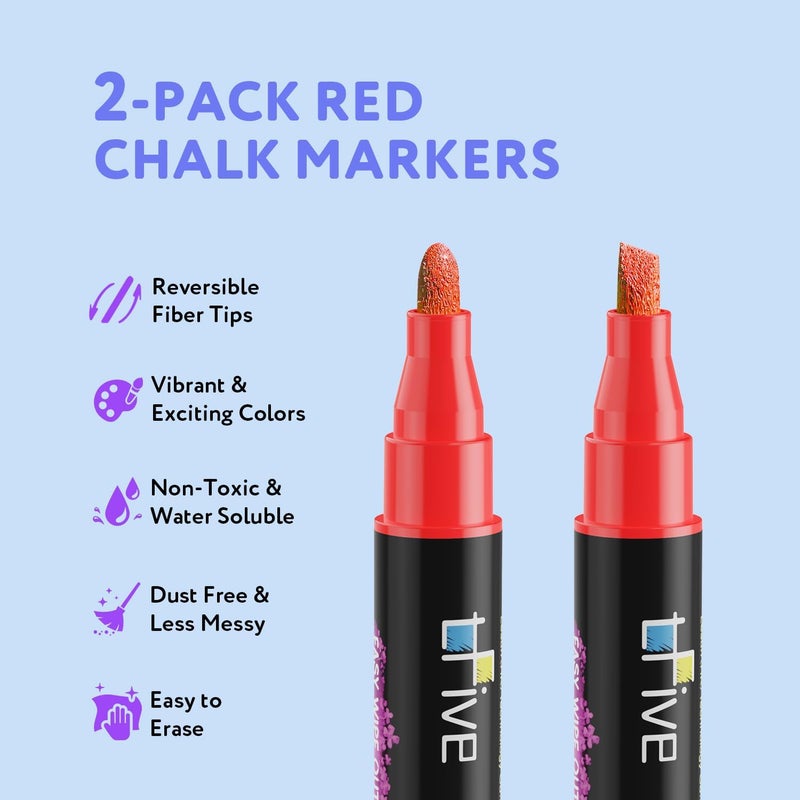TFIVE Red Liquid Chalk Markers - 2 Pack Bright Colors Erasable Chalk Marker Pens, Reversible Tip, Non-Toxic, for Chalkboards, Signs, Glass, Easy to use Chalk markers TF800 - Image 2
